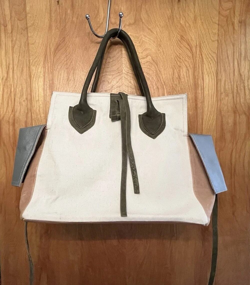 Let & Her Canvas Leather Medium Tote Bag Olive Silver Lether Slouchy Beach
